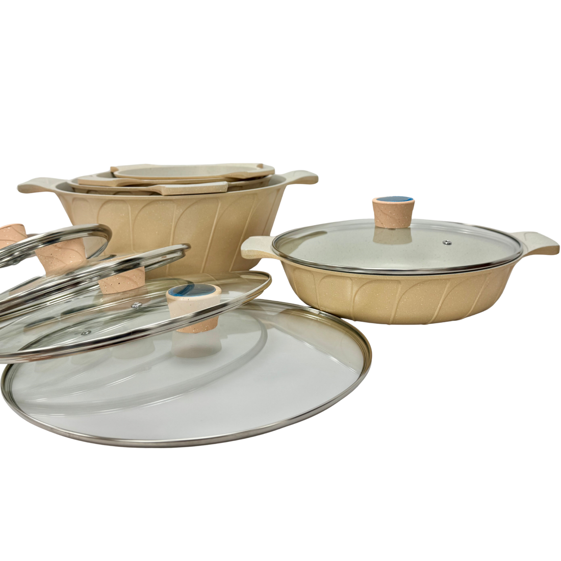 Set of 5 Marble Granite Glass Lid -  طقم من 5 قطع – بغطاء زجاجي – تصميم رخامي غرانيت فاخر